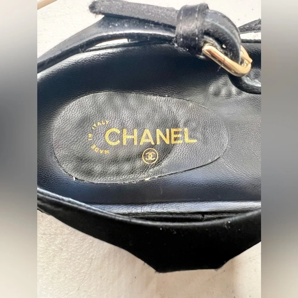 Chanel Satin Lambskin Chain Flat Sandals Black Leather Size 36